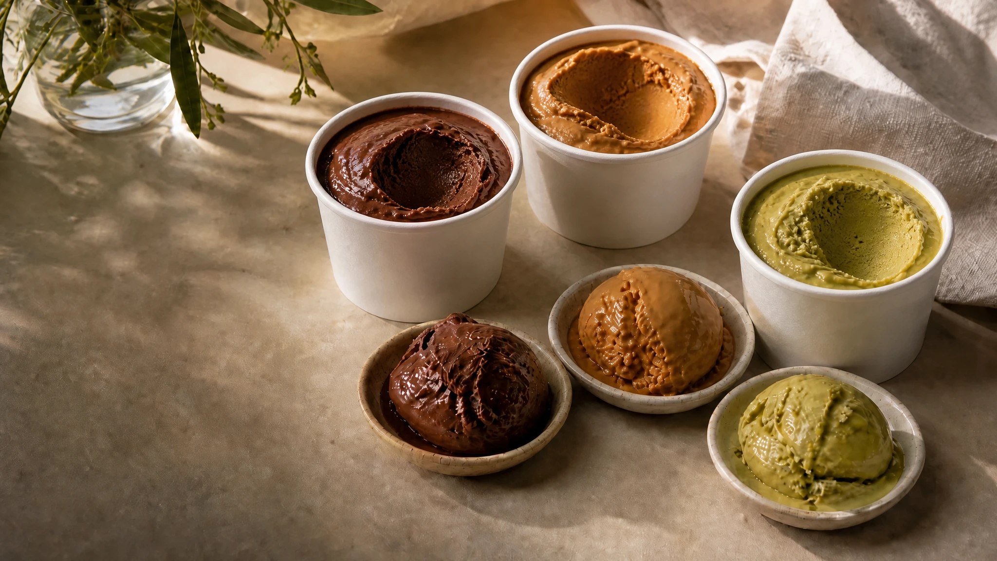 Três potes abertos de chocolate, doce de leite argentino e pistache, com porções servidas em pratinhos